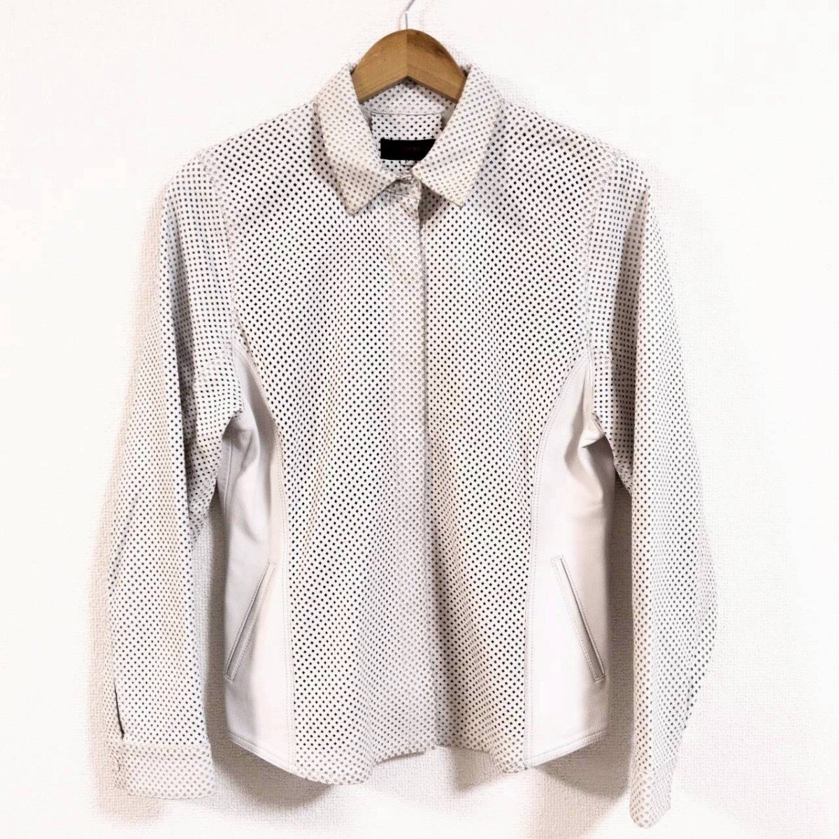 W1031【Cizenne】シゼンヌ レザー トップス 長袖 シャツ メッシュ シースルー ブラウス 羊革 日本製 ホワイト レディース サイズ F /Ha拍卖