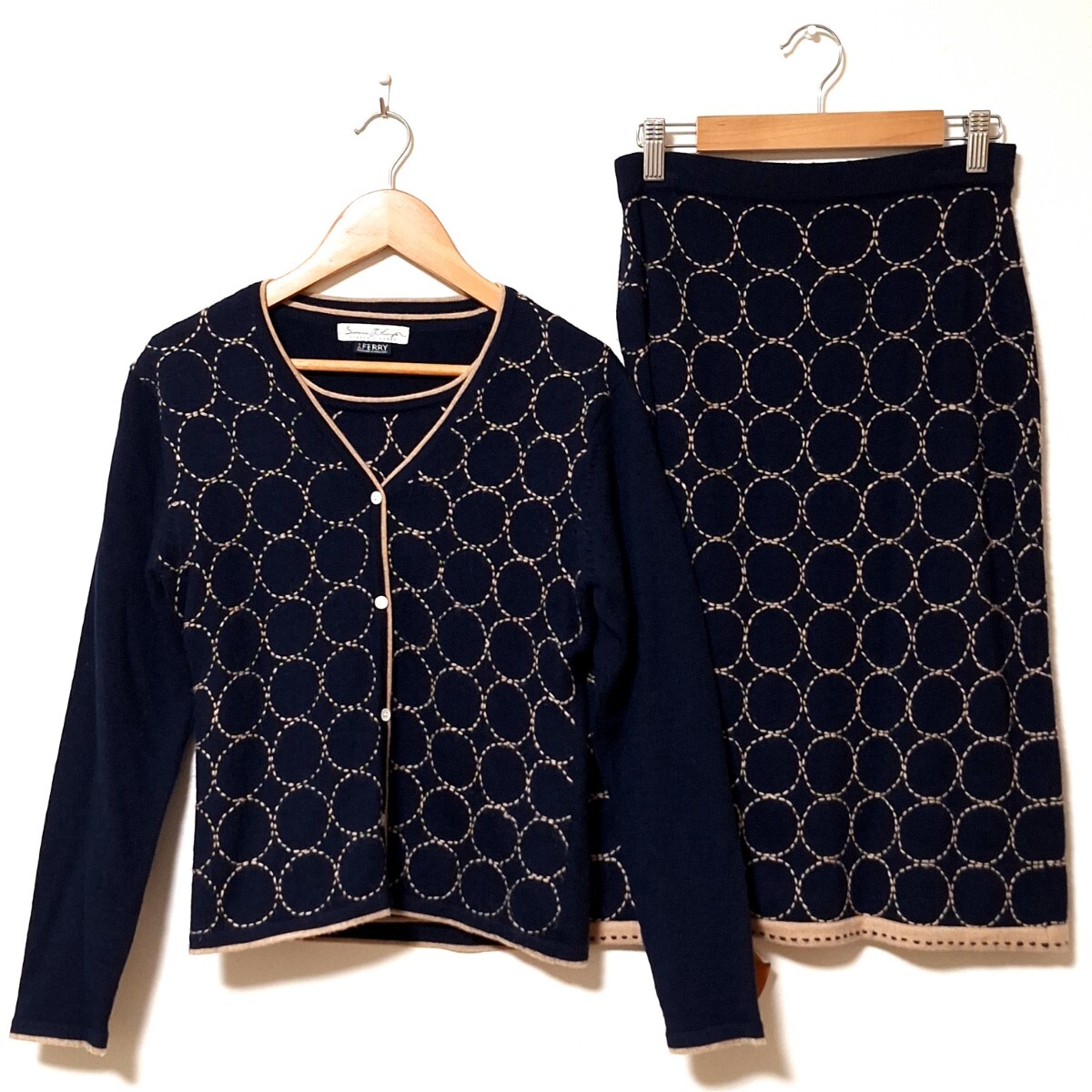 W1052【J.FERRY】ジェイフェリー 3点セット アンサンブル スカート 半袖ニット カーディガン ネイビー レディース サイズS相当/QQ拍卖