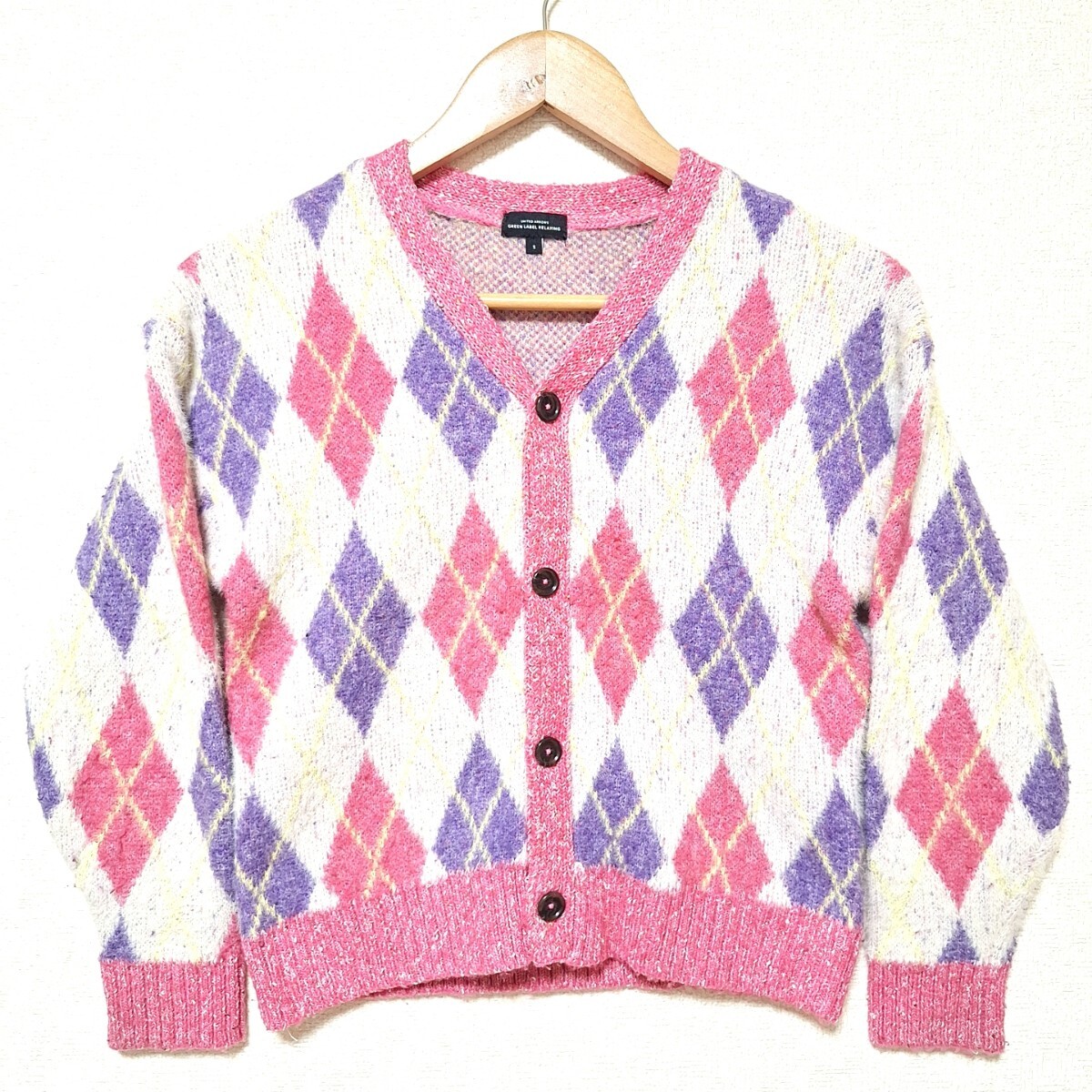 W1096【GREEN LABEL RELAXIG】ユナイテッドアローズ ニット セーター カーディガン ナイロン混 ダイヤ アーガイル柄 ピンク系 メンズ S/ee拍卖