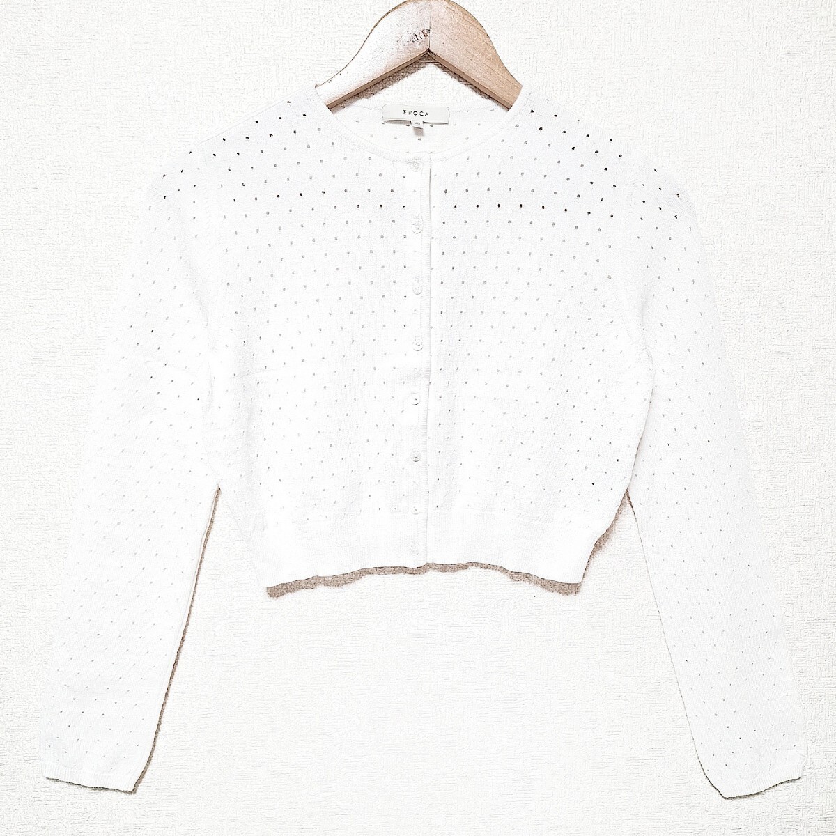 W1088【EPOCA】エポカ ドット カーディガン トップス 三陽商会 日本製 ナイロン混 ショート丈 シンプル ホワイト レディース 40(S相当)/ee拍卖