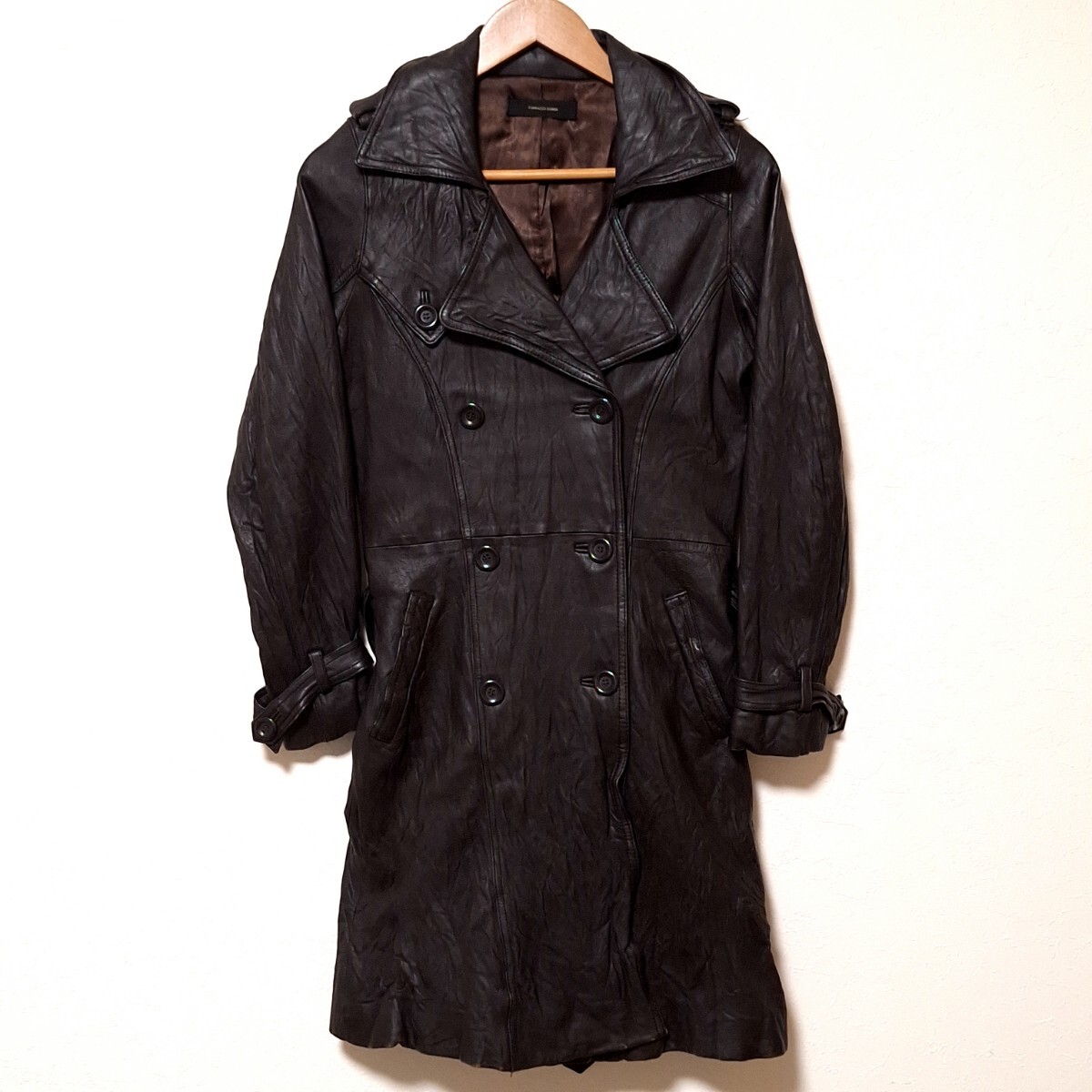 W1087【TORRAZZO DONNA】トラッゾ ドンナ ラムレザー トレンチコート 本革 羊革 ハーフ丈 ダークブラウン レディース サイズM相当/QQ拍卖