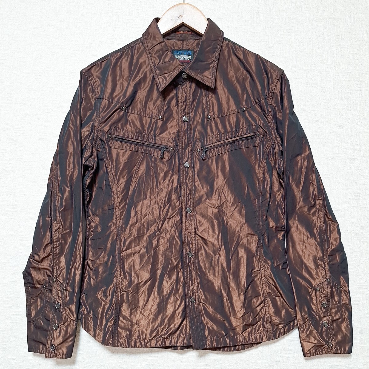 W1121【NICOLE CLUB FOR MEN】ニコル クラブ フォー メン 長袖 シャワークシャツ 光沢 高級感 シンプル ダークブラウン メンズ 48(M位)/ee拍卖