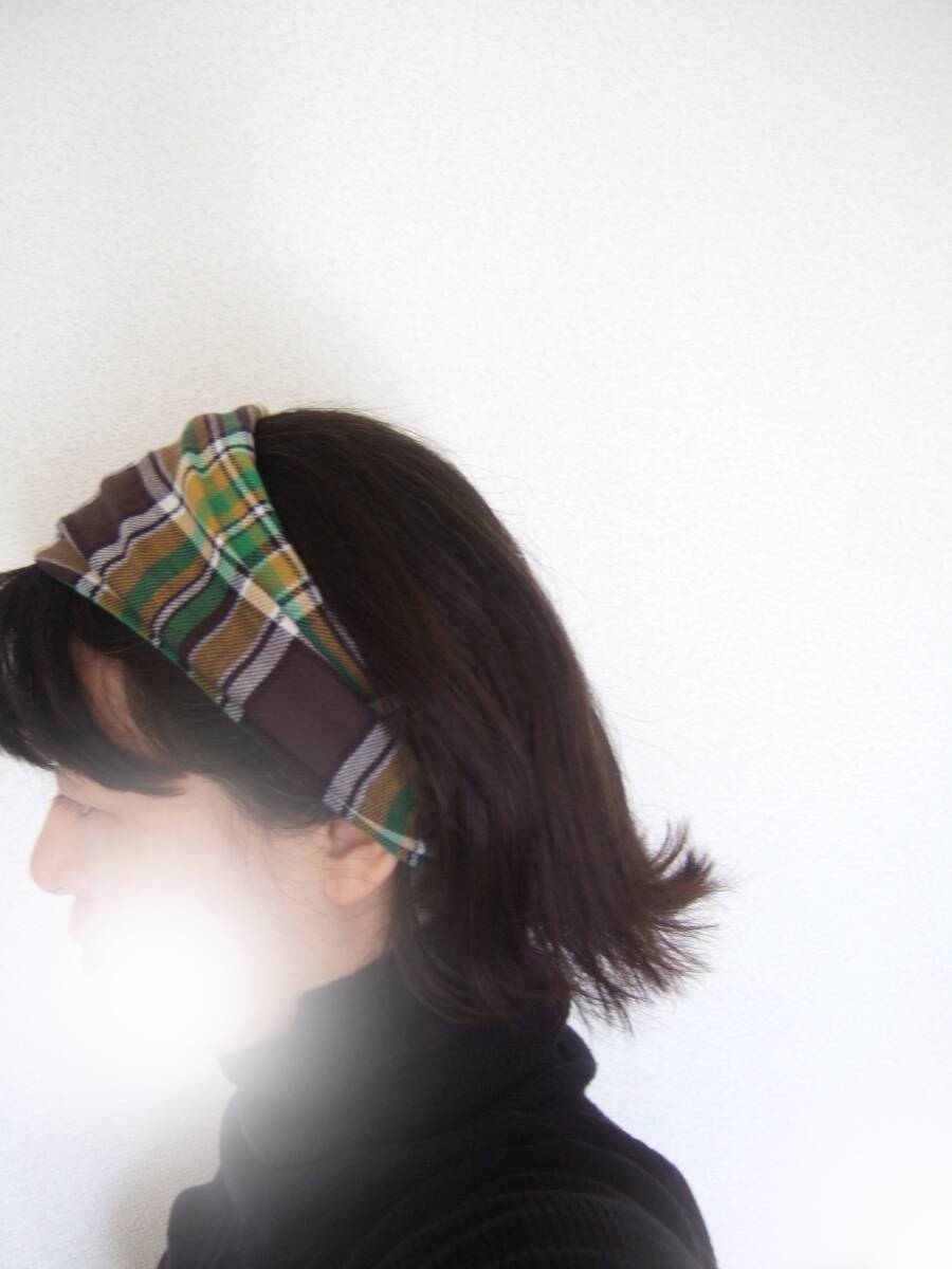 ★即決★ハンドメイド コットンダブルガーゼ チェックのゆるターバン* ヘアバンド コーデのアクセントに 秋コーデのアクセントに拍卖