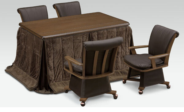 ハイタイプ/ダイニングコタツ 高脚こたつ135センチ幅(長方形)+肘付き椅子4脚+無地ヘリンボーン柄布団の6点セット ブラウン色拍卖