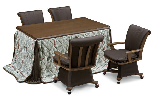 ハイタイプ/ダイニングコタツ 高脚こたつ135センチ幅(長方形)+肘付き椅子4脚+チェック柄布団の6点セット ブラウン色拍卖