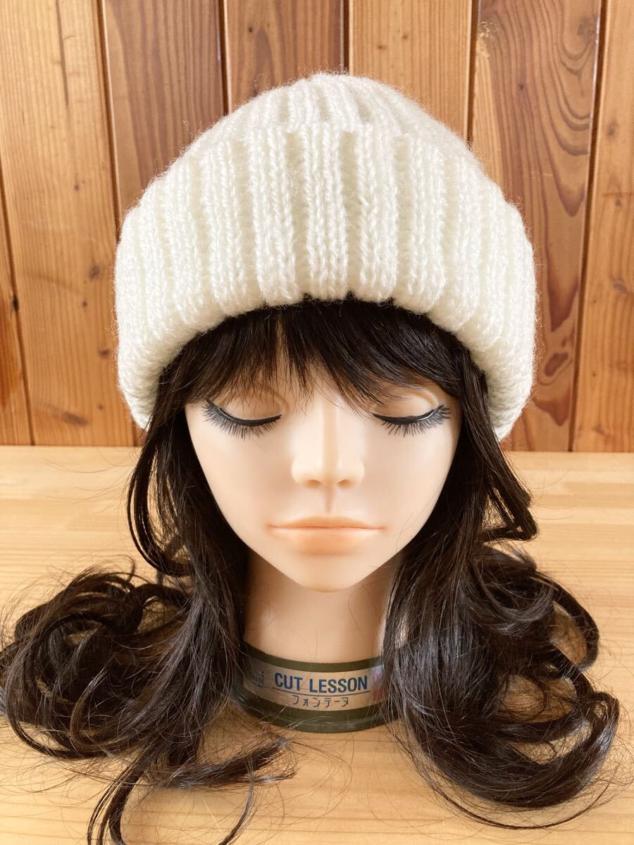 状態良好 アクリル ニット帽 白系 アイボリー 帽子 ワッチキャップ ビーニー フリーサイズ knit hat beanie ④拍卖