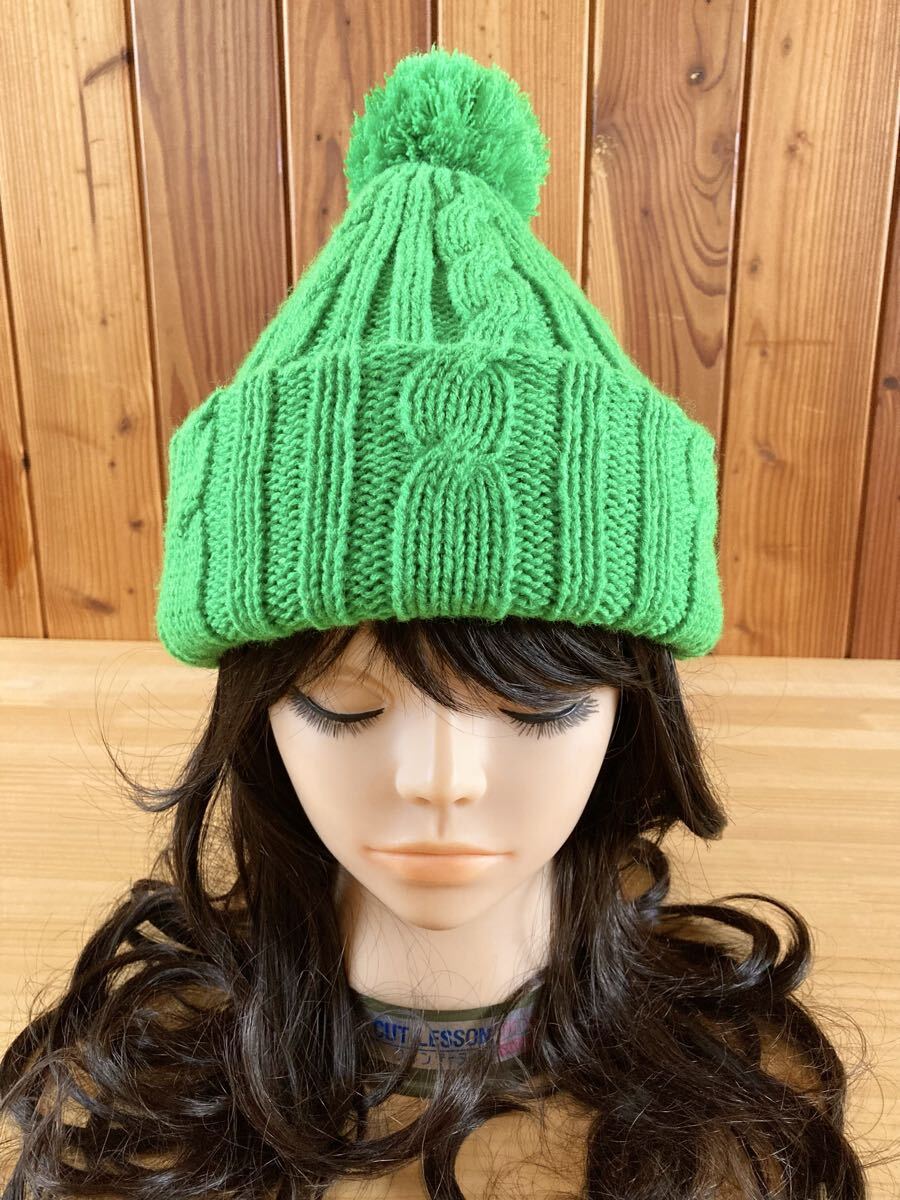 ヒデトレーディング 緑 ボンボン ニット帽 帽子 ワッチキャップ ニットキャップ ケーブル編み グリーン green knit hat beanie ④拍卖