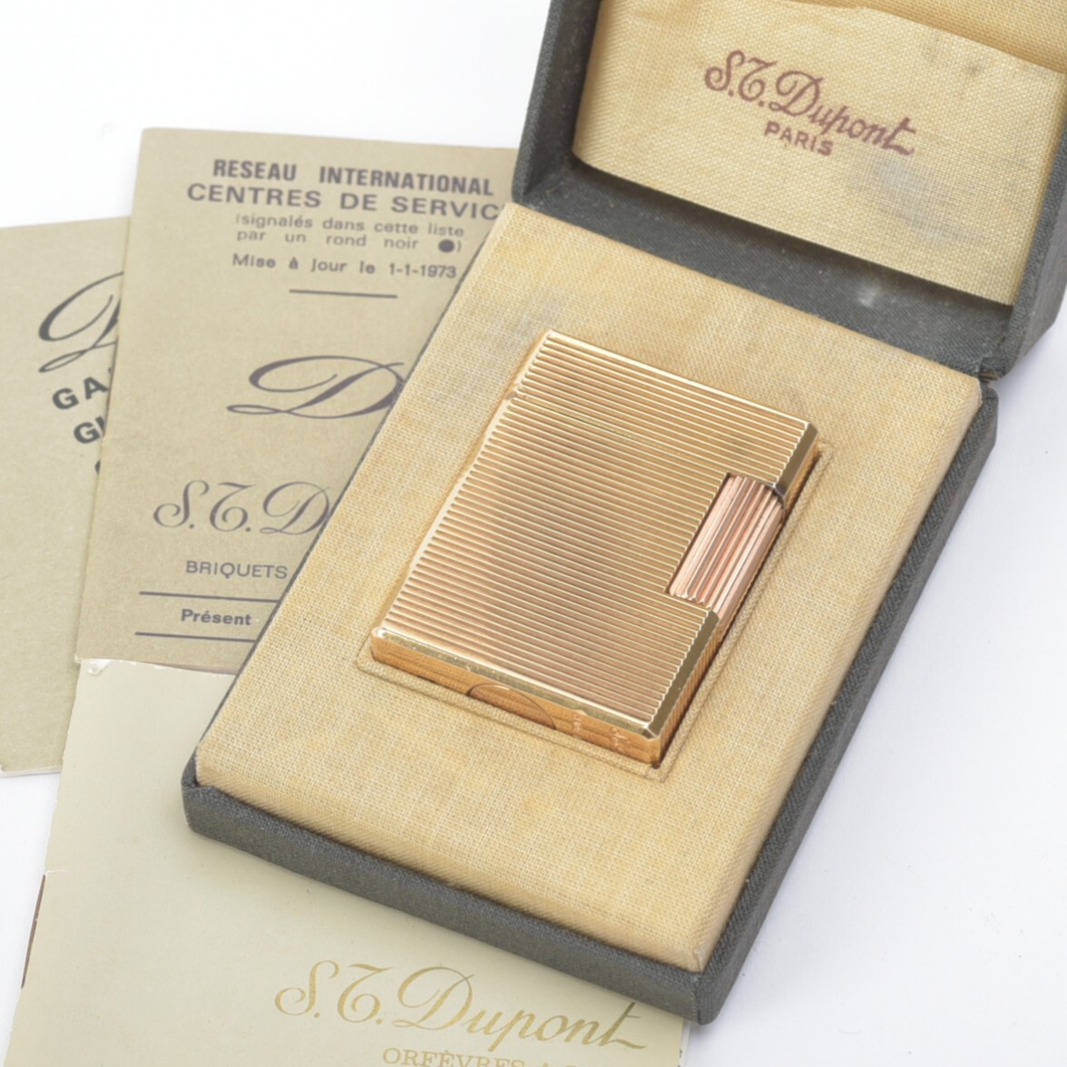 美品 S.T. Dupont デュポン ライン1S ガスライター ローラー式 20μ シリアル入り ケース付き ゴールド ボーダー 喫煙具#60※1119-36/ZEa.k拍卖