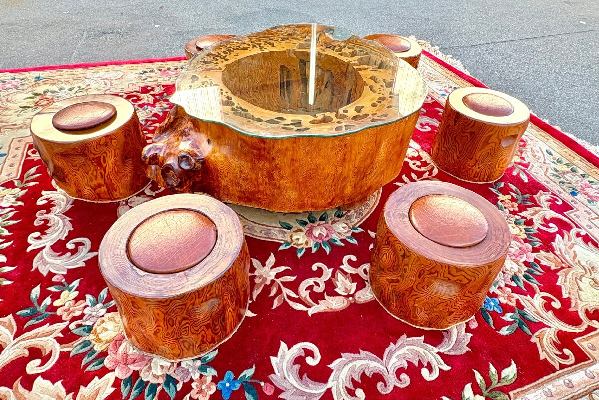 屋久杉 ローテーブル 机 椅子 イス 6脚セット 天然瘤材 ガラス天板 認定シール 極上杢目 屋久杉テーブル 一枚丸太造形 f0007拍卖