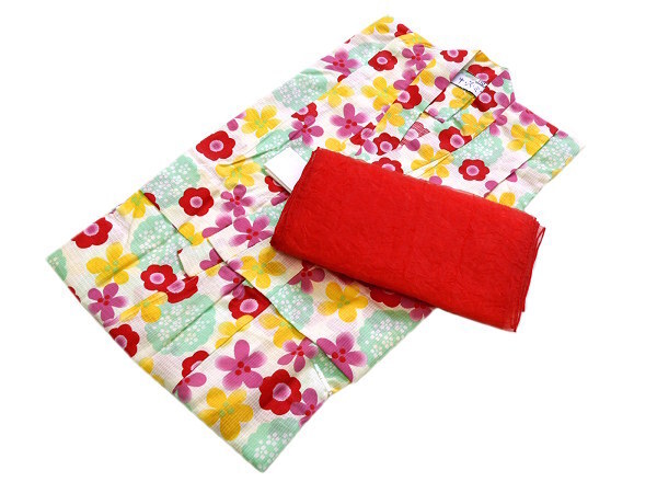 着物美人 女の子浴衣 帯 2点セット 女児 キッズ ジュニア 子供浴衣 ゆかた 綿紅梅 変り織り 5歳 6歳 110 【 オフ白 赤 】611500拍卖