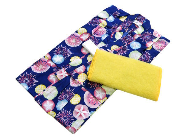 着物美人 女の子浴衣 帯 2点セット 女児 キッズ ジュニア 子供浴衣 ゆかた 綿紅梅 変り織り 5歳 6歳 110 【 紺 青 黄色 】611502拍卖
