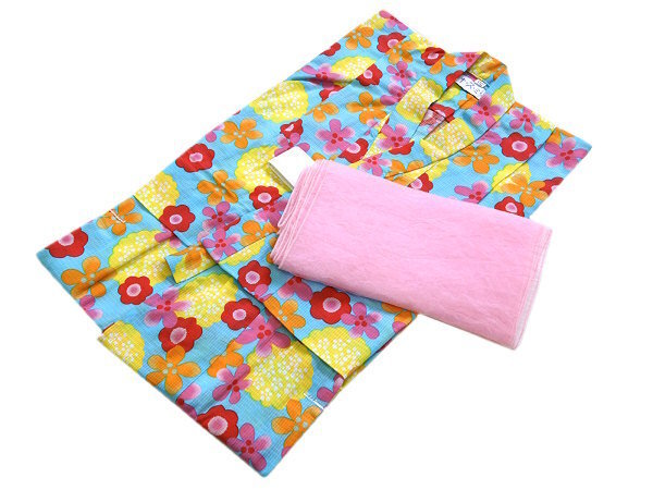 着物美人 女の子浴衣 帯 2点セット 女児 キッズ ジュニア 子供浴衣 ゆかた 綿紅梅 変り織り 7歳 8歳 120 【 水色 青 ピンク 】612501-2拍卖