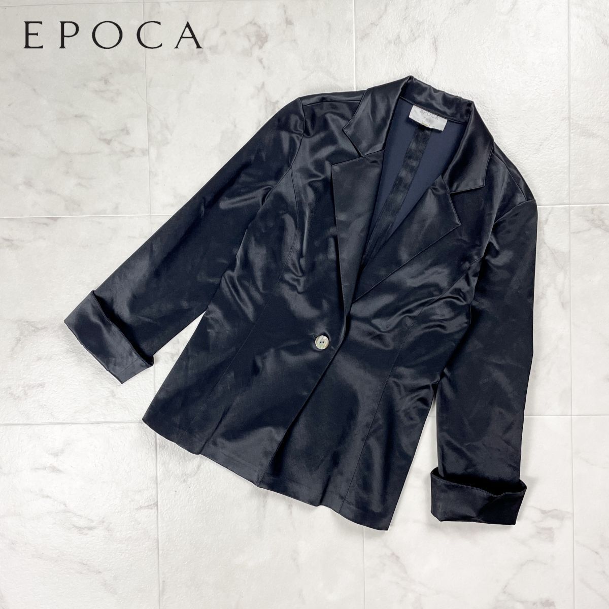 美品 EPOCA THE SHOP エポカ サテンライクテーラードジャケット 長袖 光沢感 裏地無し レディース 黒 ブラック サイズM*HD210拍卖