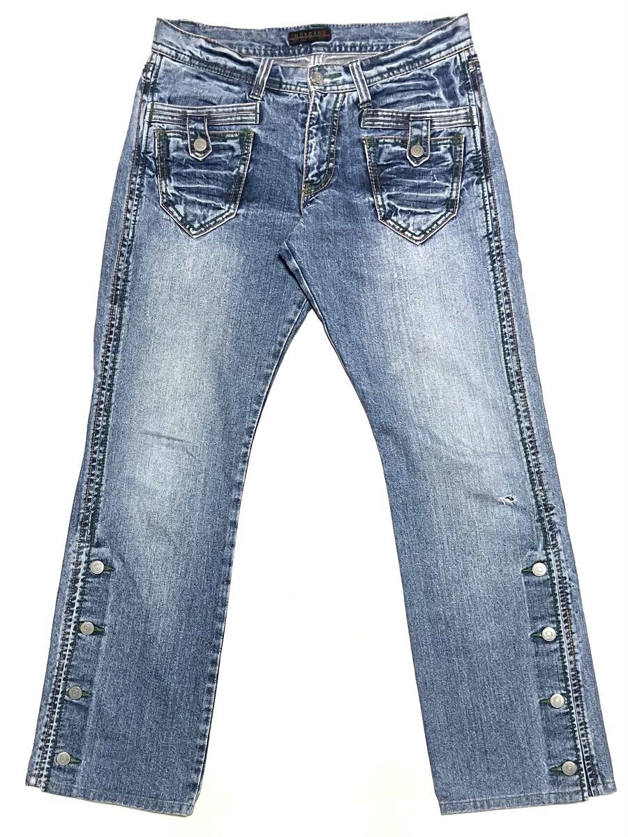 送料無料 モルガン ボタン デニム レトロ y2k バイカー フレア ブーツカット拍卖