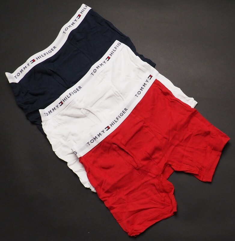 新品 TOMMY HILFIGER トミー ヒルフィガー コットン ボクサーパンツ/アンダーウェア 3枚セット US:M JP:L 赤紺白 09TE001608拍卖