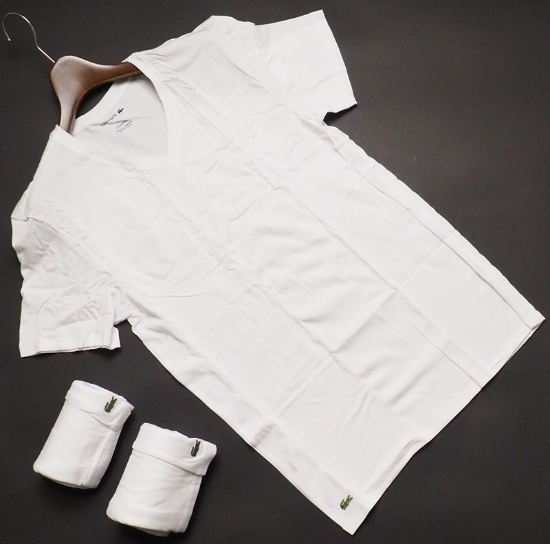 新品 LACOSTE ラコステ USA正規品 コットン100% ワンポイント Vネック 半袖Tシャツ 3枚セット US:M JP:L 白 TH3374-51拍卖