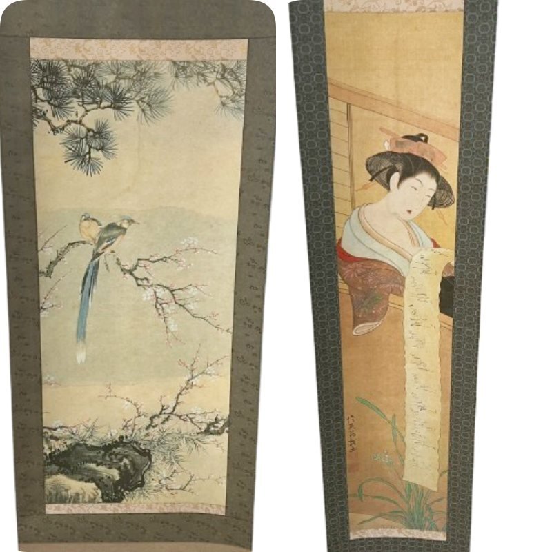 【2点セット】掛軸 田崎草雲「花鳥山水」嘯月美術館監修 複製画 鳥獸画 日本画 月岡雪鼎「文読美人図」浮世絵 美人画 人物画拍卖