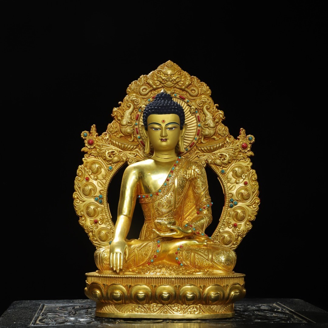 永し 明時代 古銅塗金 嵌寶石 阿彌陀佛 佛像 仏像 宗教 仏教古美術 極細工 古銅彫 置物擺件 古美術品 時代物 古董品 旧家蔵出 中国唐物 A1拍卖