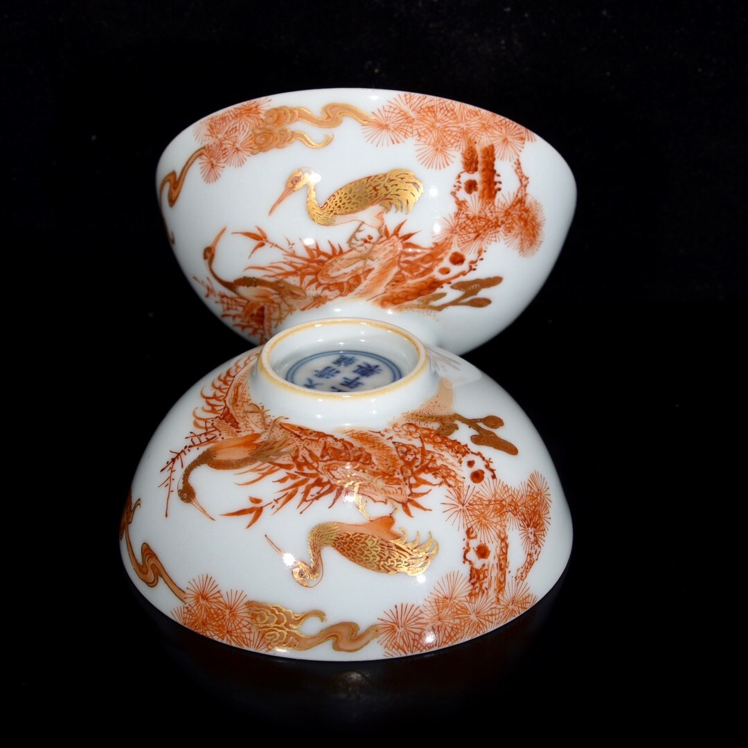 永し 清時代 大清雍正年製 描金 松鶴延年紋 題詩碗 一対 古陶磁器 陶芸 皿 中国陶瓷器 唐瓷 置物擺件 古美術品 古賞物 旧家蔵出 中国唐物拍卖