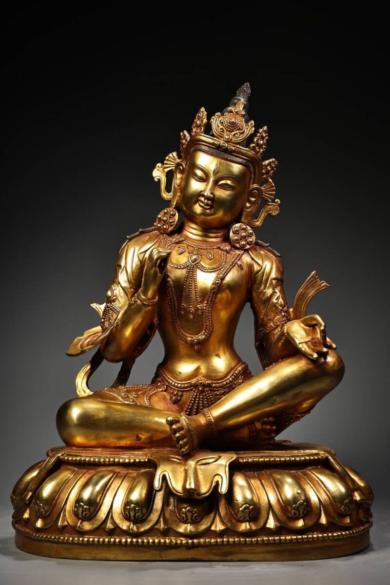 永し 明時代 古銅塗金 緑度母佛 佛像 仏像 宗教 仏教古美術 極細工 古銅彫 置物擺件 古美術品 時代物 古董品 収集 旧家蔵出 中国唐物 A212拍卖