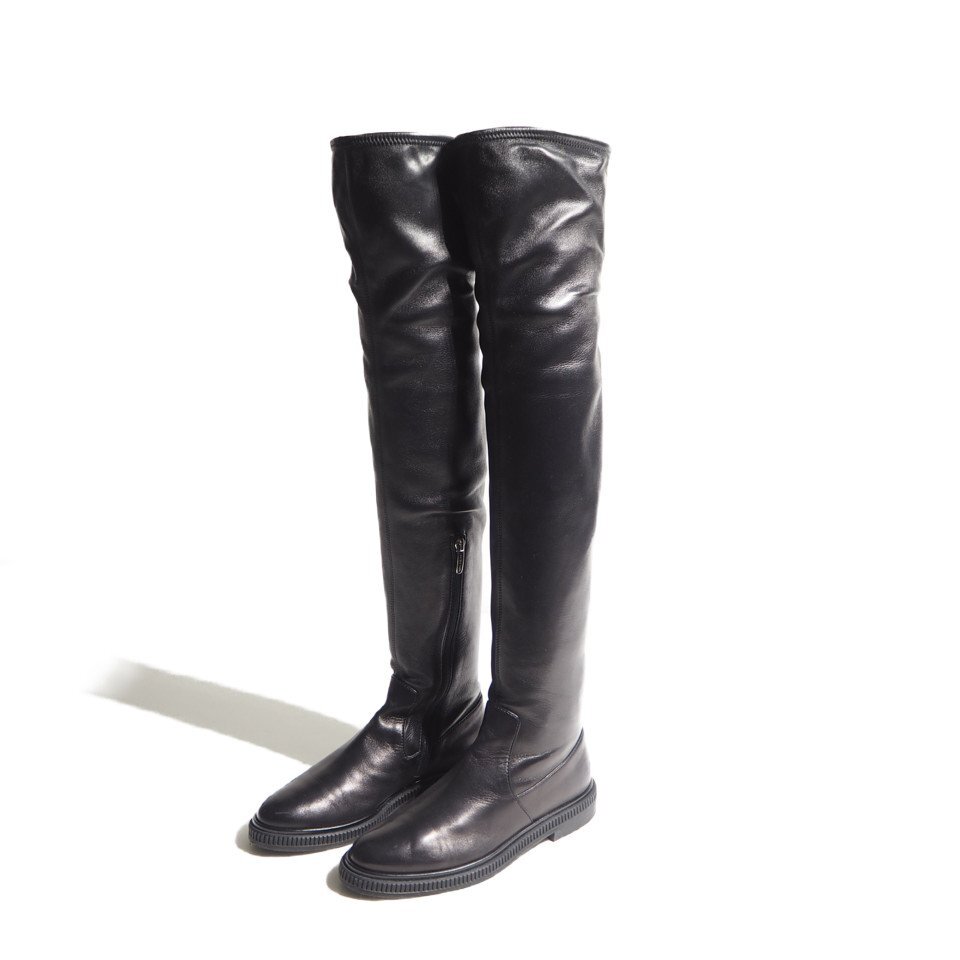 P7526z3 ▼sergio Rossi セルジオロッシ▼ バックリボン レザー ニーハイブーツ ブラック 37.5/23.5-24cm ロングブーツ 黒 秋冬拍卖