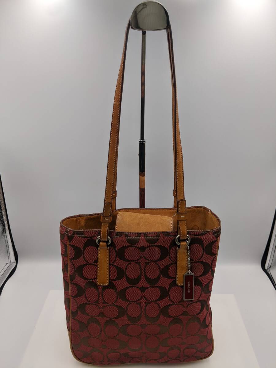 T/COACH コーチ トートバッグ ショルダーバッグ 6090 シグネチャー キャンバス レザー レッド系 かばん レディース ファッション 服飾小物拍卖