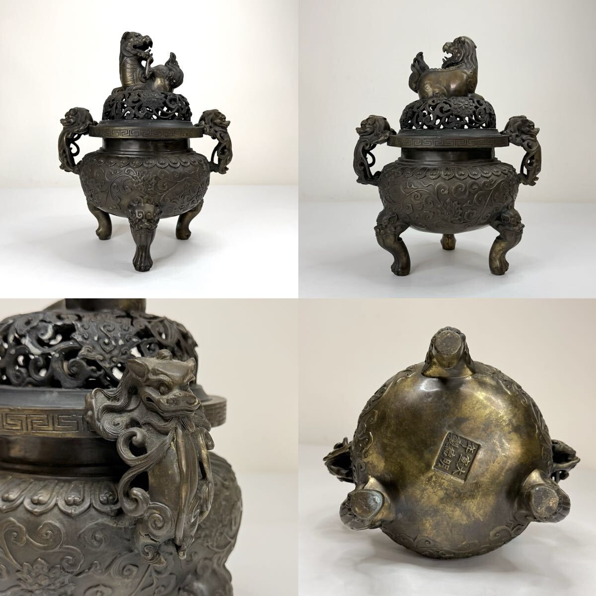 XMF-中国古美術 時代物 銅製 古銅 香炉 香道具 獅子図 三足炉 在銘 大明宣徳年製 唐物 中国古玩 骨董品拍卖