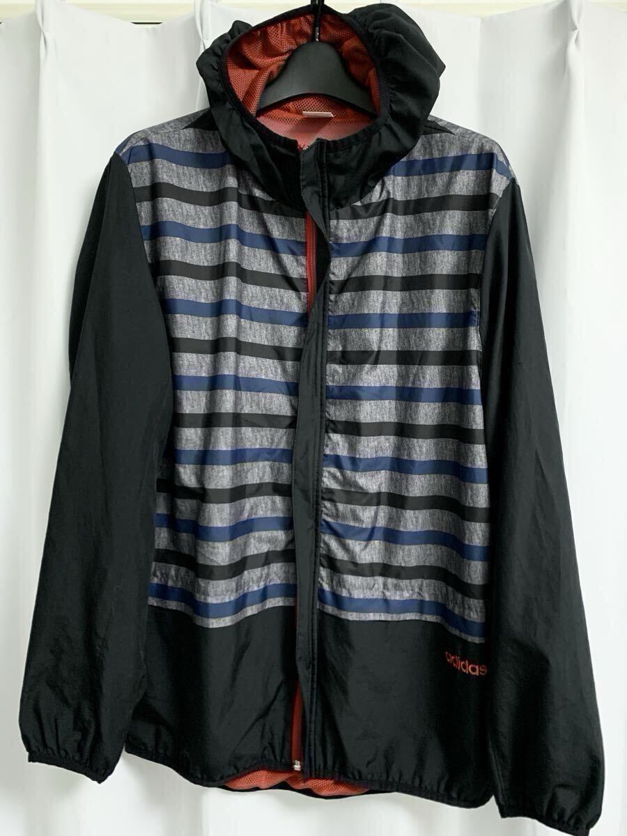 ◎送料無料【 adidas neo 】ボーダー切替 フードジャケット ロゴ刺繍 J Oサイズ マウンテンパーカー ★ アディダス 人気 ウェア スポーツ拍卖