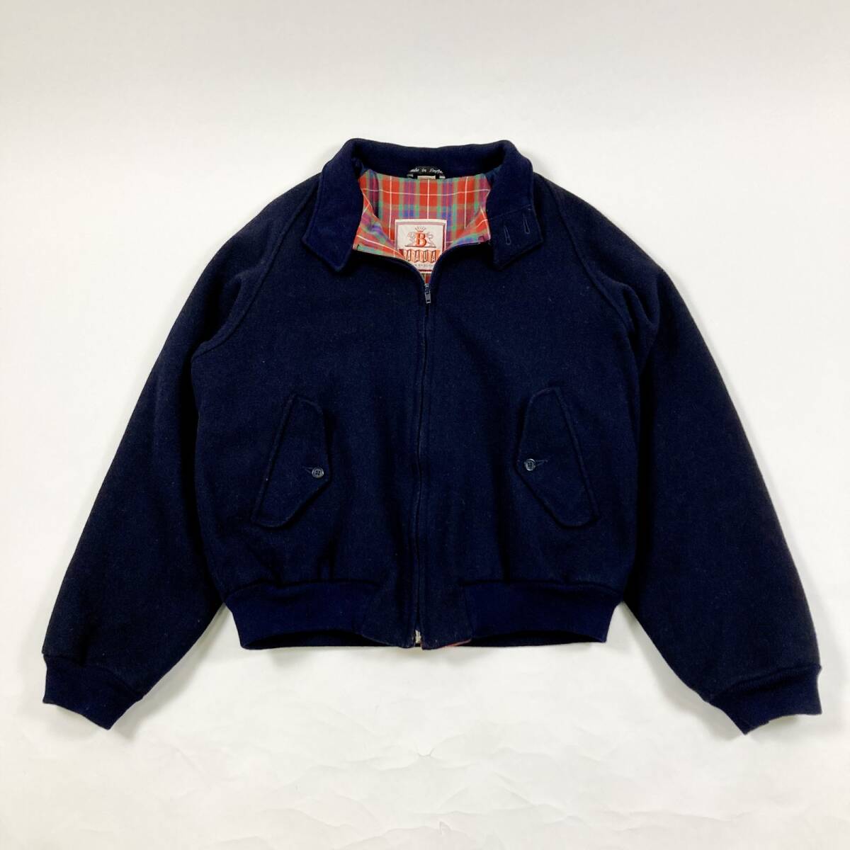 ☆ 英国製 BARACUTA バラクータ ブルゾン ジップアップジャケット アウター チェック 95%ウール ネイビー サイズ107cm/42 メンズ 1.1kg拍卖