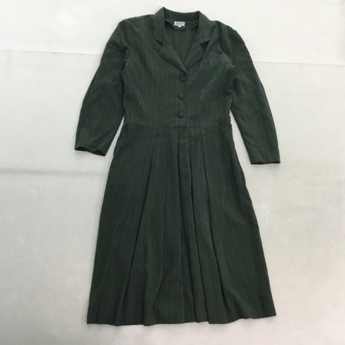 ■イタリア製 Herno ヘルノ シャツワンピース 長袖 深緑 グリーン サイズ44 レディース ストライプ シルク100% 0.36kg拍卖