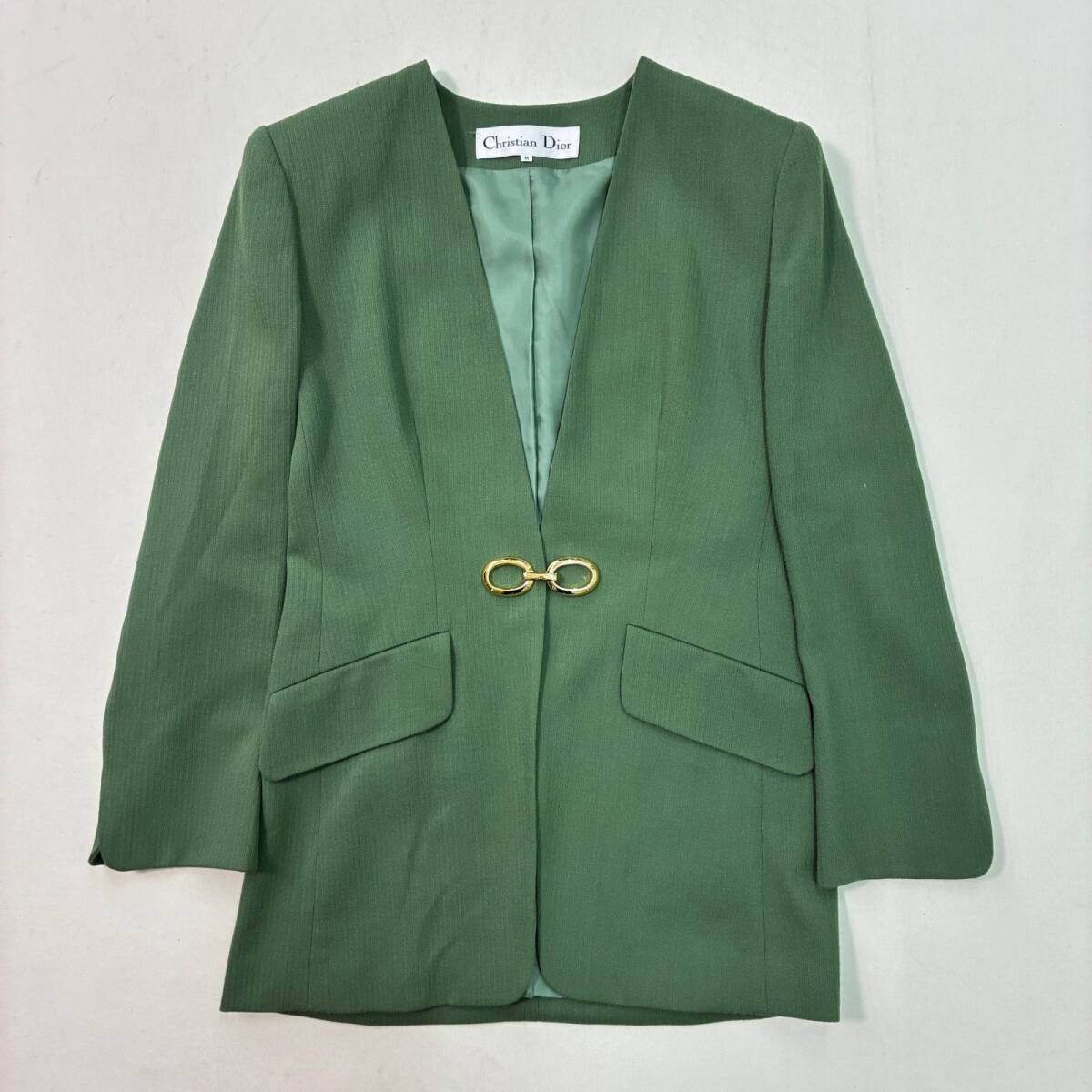 ■Christian Dior クリスチャンディオール ノーカラージャケット レディース ジャケット グリーン サイズM 肩パッド入り 0.52kg拍卖