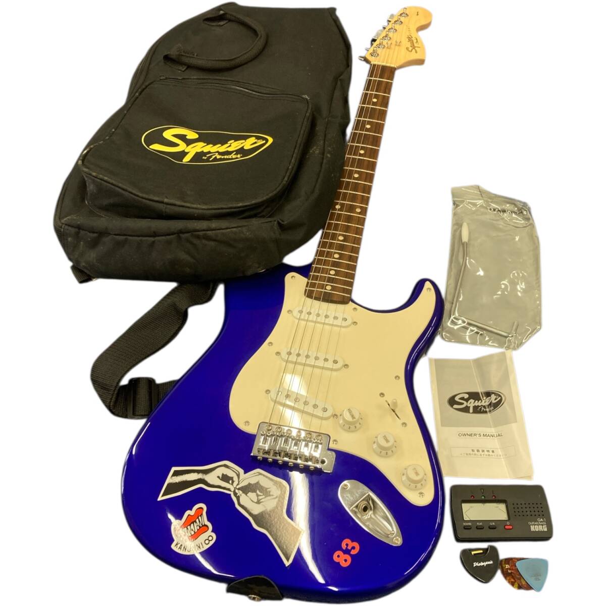 △ ギター Squier by Fender ストラト エレキ ラージヘッド 初心者 練習用 弦楽器 ピック ケース付き ブルー 4.23kg拍卖