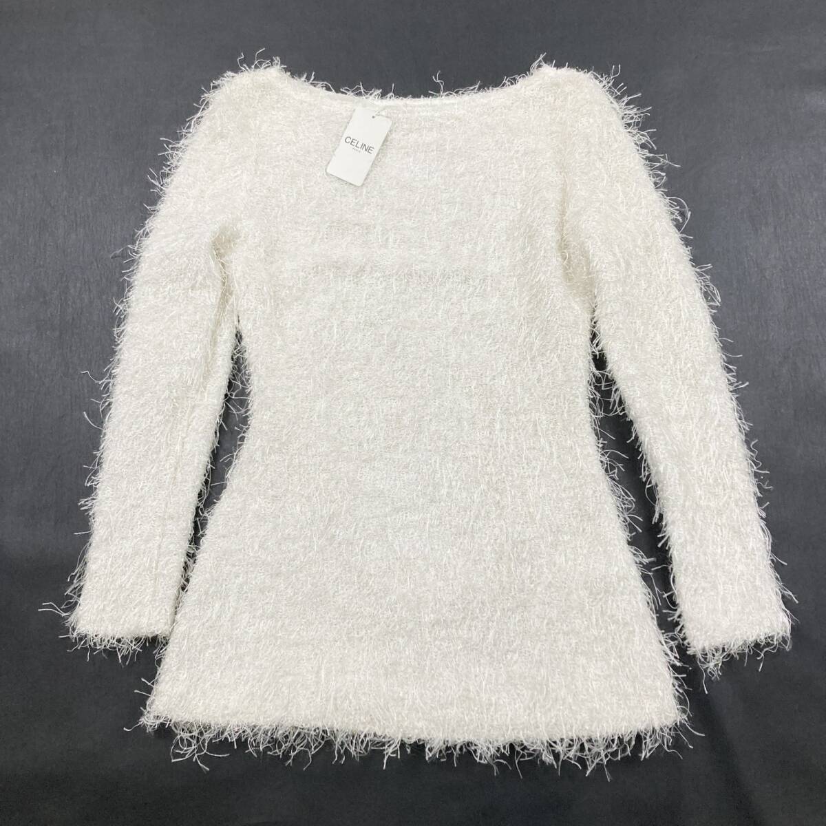 ☆ タグ付き CELINE セリーヌ 長袖トップス ホワイトシャギーニット ラメ フランス製 ホワイト サイズ42 ブランド レディース 0.6kg拍卖