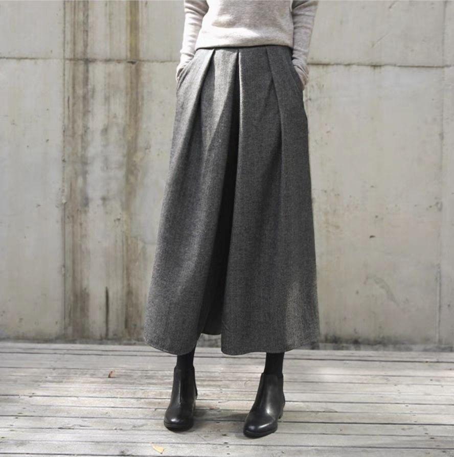 ワイドパンツ レディース 秋冬 9分丈パンツ 体型カバー 極太 厚手 ボトムス拍卖