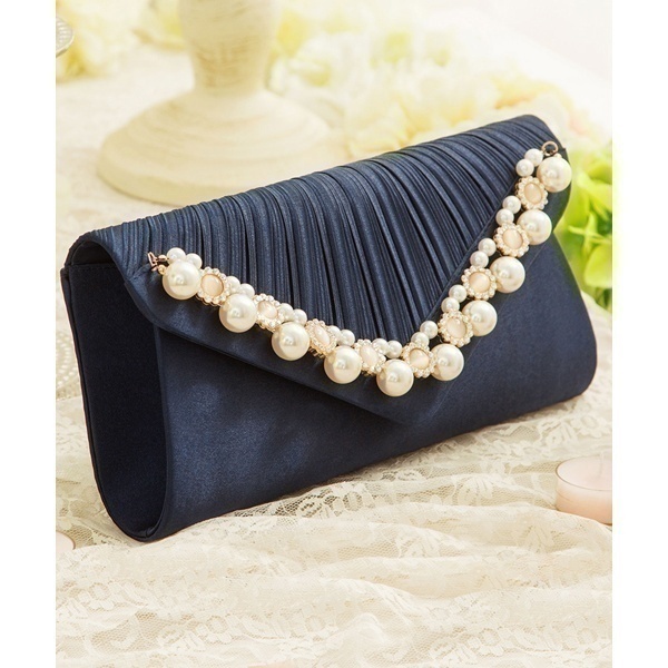 【即決 匿名配送 送料無料】ドレススター プリーツパールビジュー レター型 クラッチバッグ ネイビー 結婚式 パーティー 入学式 卒業式拍卖