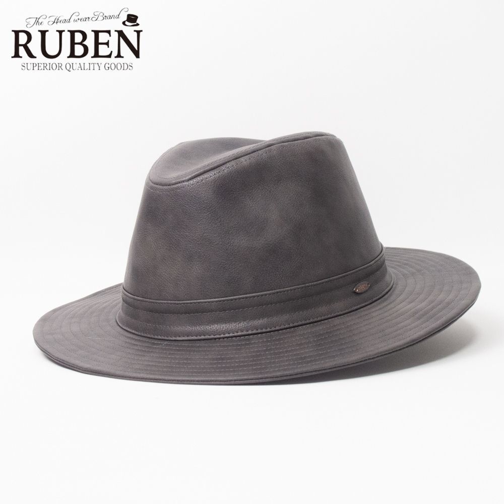 新品 RUBEN ロングブリム エコレザー 中折れハット グレー拍卖