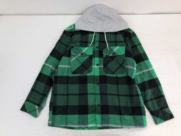 エイチアンドエム H&M アメカジ スケート ストリート チェック柄 胸ポケット コットンネル シャツジャケット パーカー フード後付け M 緑拍卖