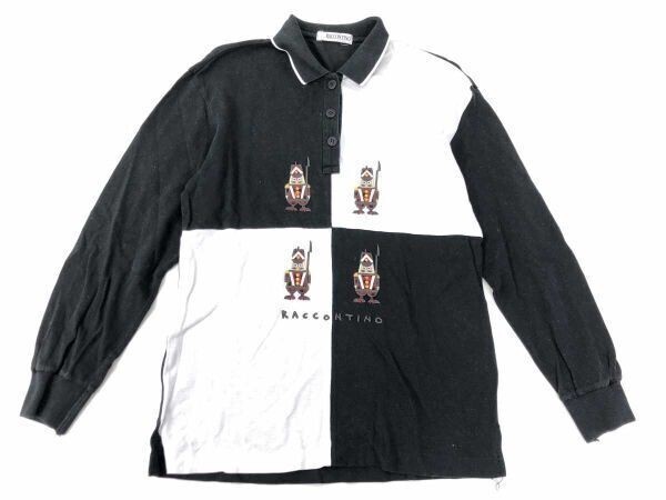 RACCONTINO オールド レトロ 古着 近衛兵 刺繍 配色切替 鹿の子 長袖ポロシャツ レディース 綿100% 黒 白拍卖