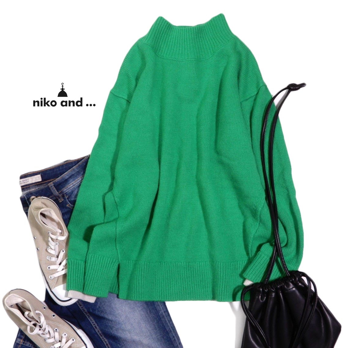 ニコアンド niko and… カジュアル可愛い☆ウールブレンド バックボタン 袖先切り替え レイヤード ニット プルオーバー セーター 拍卖