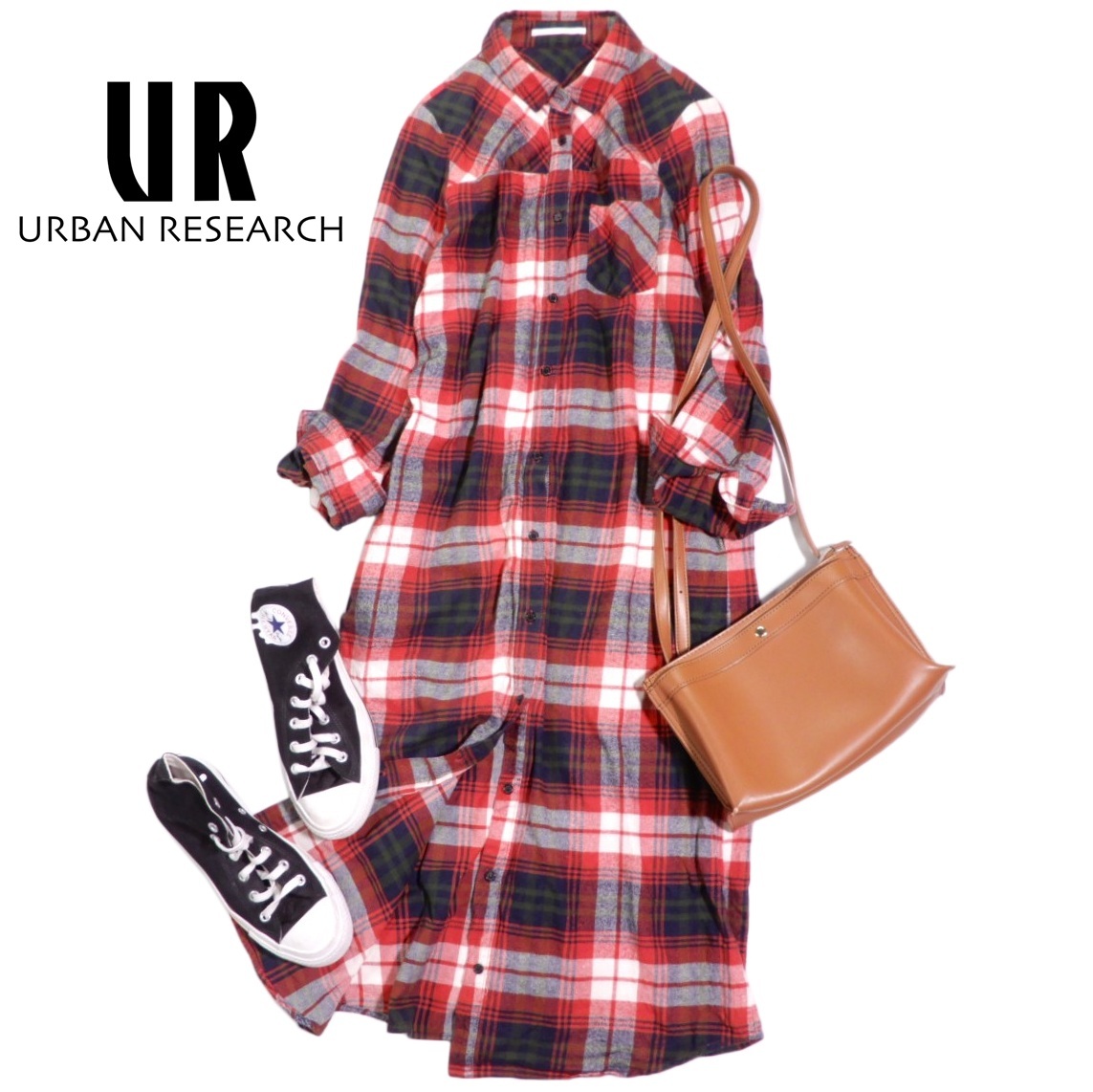 アーバンリサーチ URBAN RESEARCH カジュアル可愛い☆チェック コットン ネルシャツ ワンピース FREE拍卖