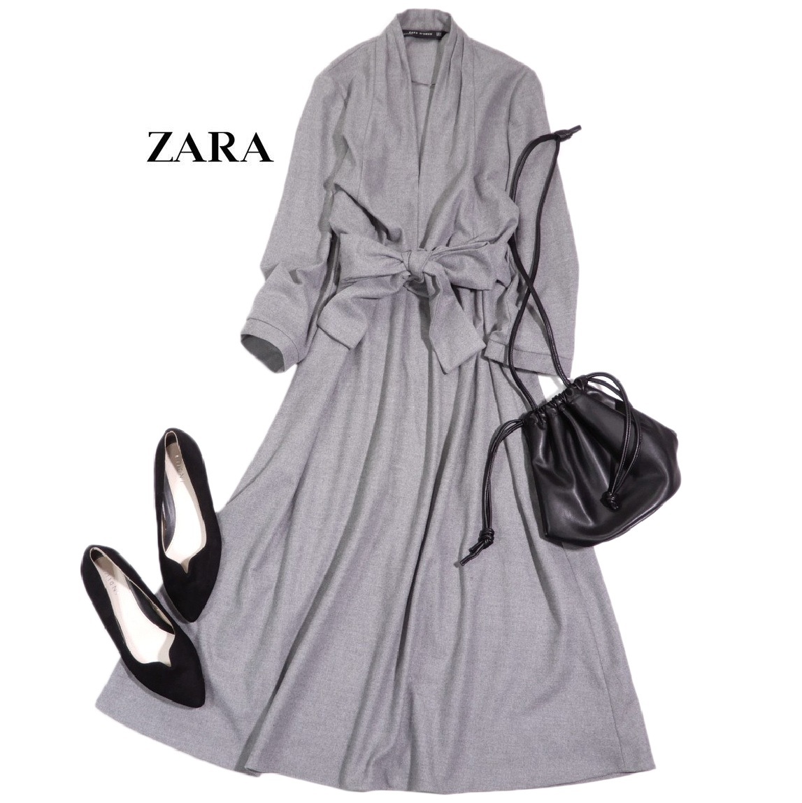 ザラ ZARA WOMAN 大人素敵スタイル☆ウエストリボン フレア ワンピース S拍卖