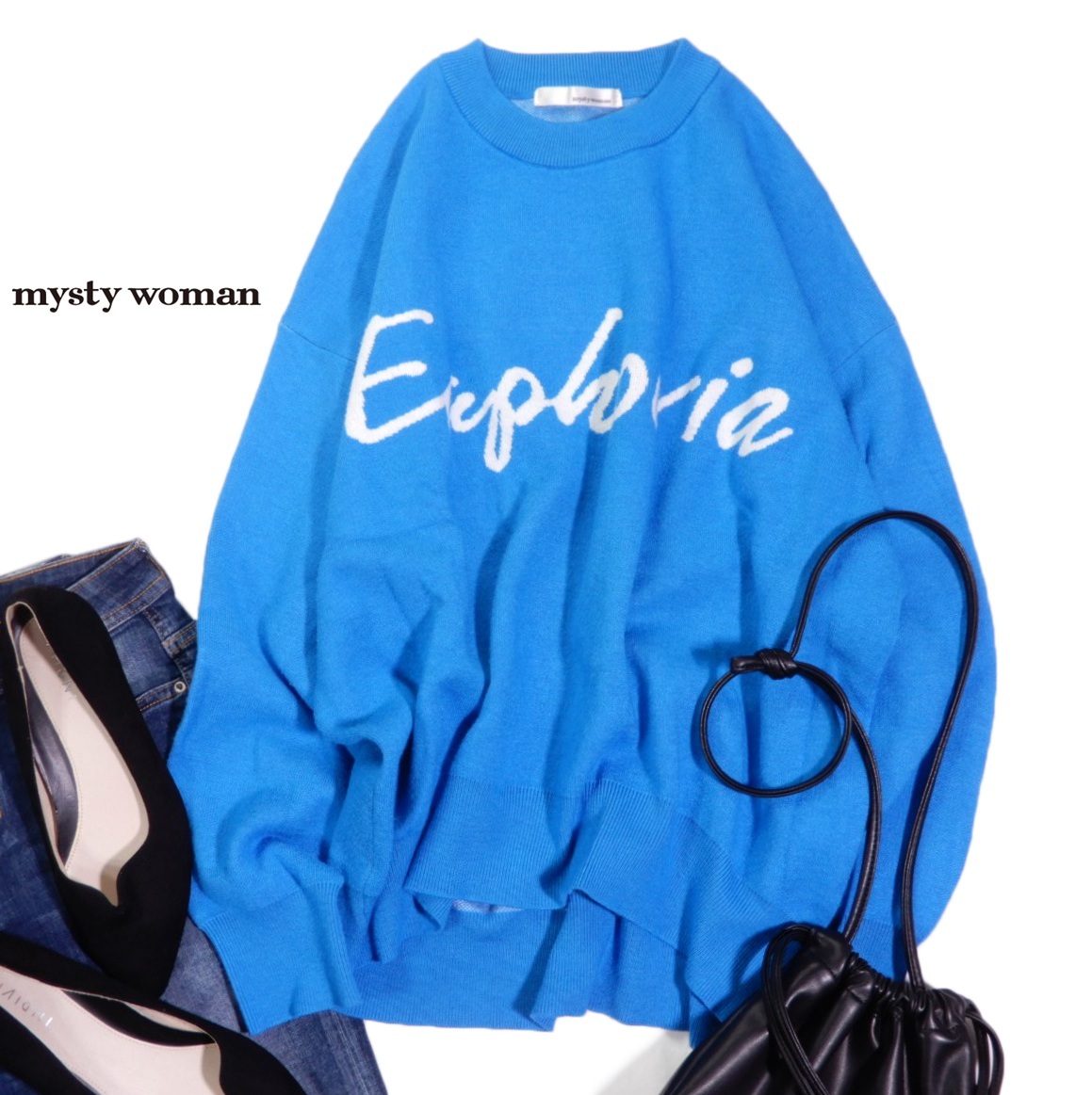 ミスティウーマン mysty woman 大人可愛い☆ フロントロゴ ふっくら袖 ニットプルオーバー F ゆったり拍卖