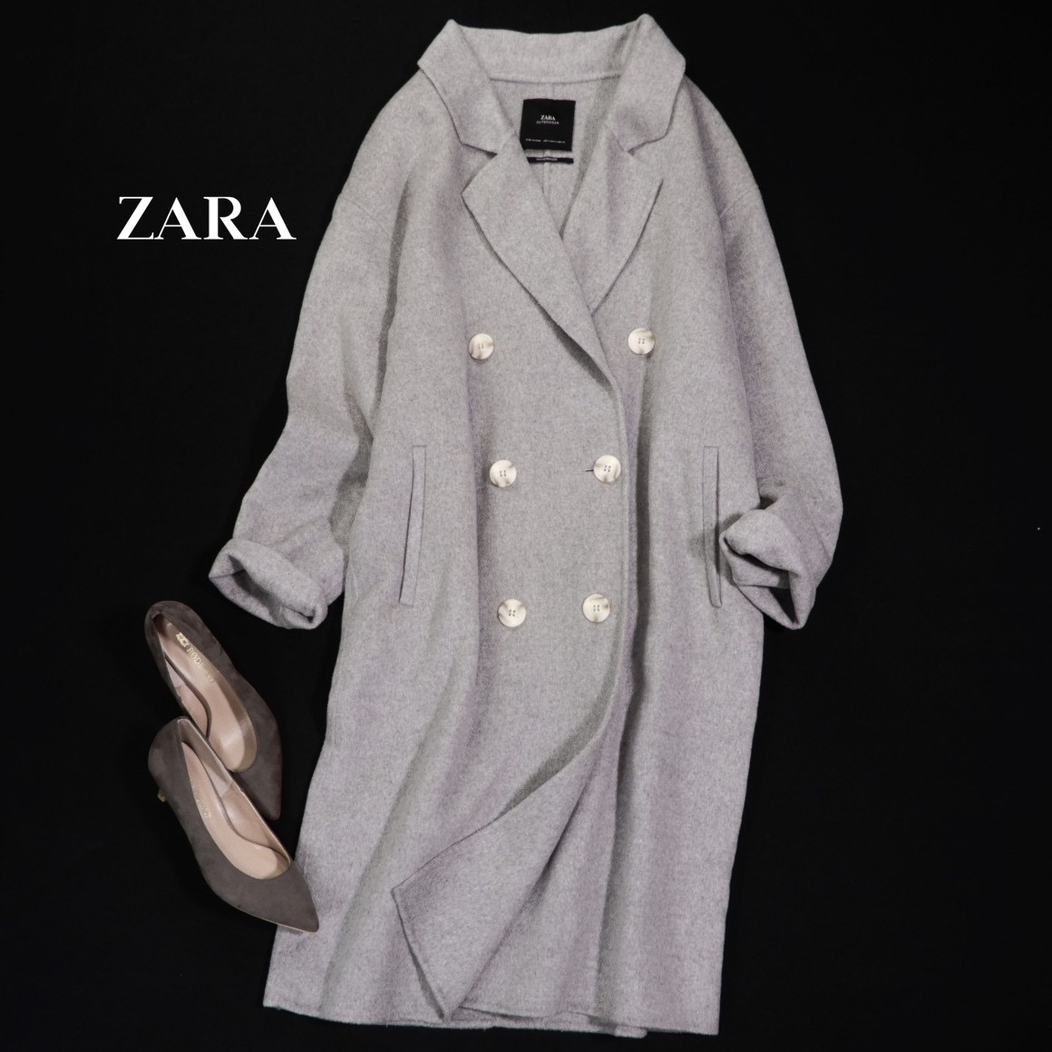ザラ ZARA 上質☆ハンドメイドコレクション ウール ダブルブレスト リバー コート 軽量 S 拍卖