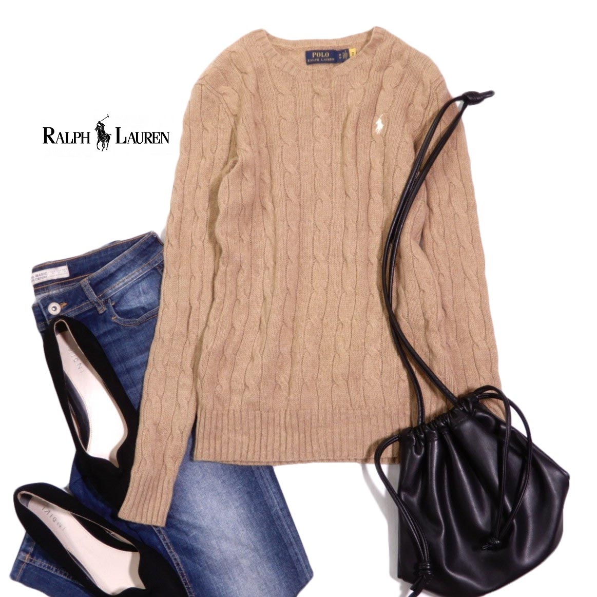 ポロ ラルフローレン Polo Ralph Lauren 上質☆定番 刺繍 カシミヤ ウール ケーブル ニット セーター XS拍卖