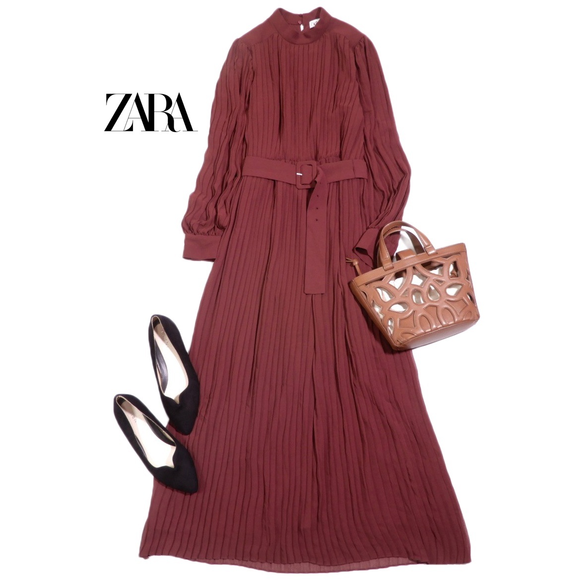 ザラ ZARA 大人素敵スタイル☆ ウエストベルト プリーツ ロング ワンピース S拍卖