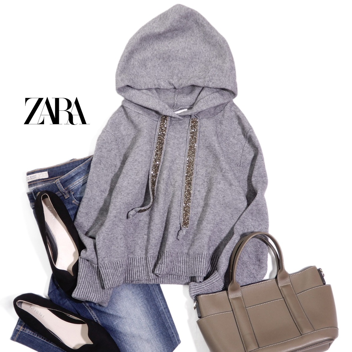 ザラ ZARA KNIT 大人可愛い☆ ビジュービーズ装飾 フード付き ニットプルオーバー L拍卖