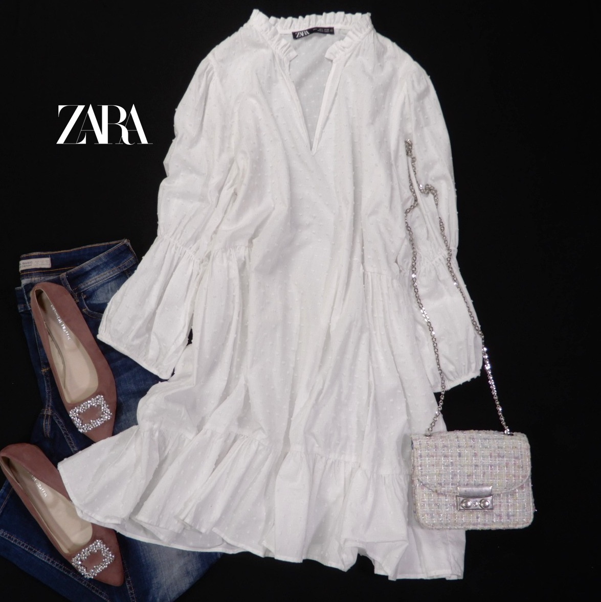 ザラ ZARA 大人可愛い☆立体ドット柄 スキッパー チュニック ワンピース L拍卖