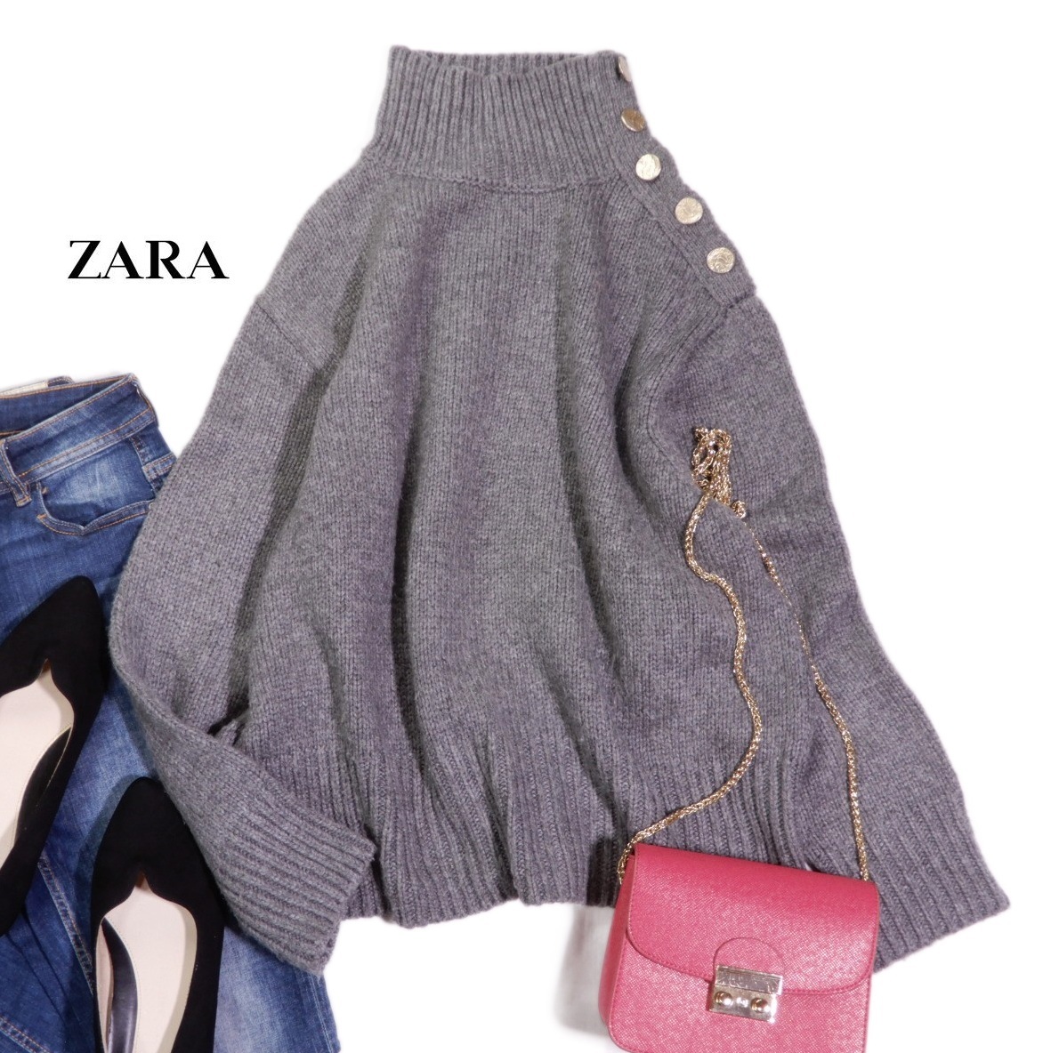 ザラ ZARA KNIT 大人可愛い☆ ボタン付き ハイネック タートルネック ニットプルオーバー セーター S ゆったり オーバーサイズ拍卖