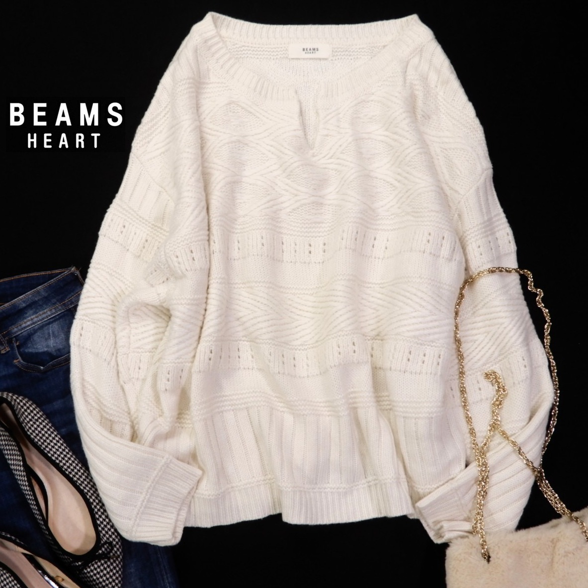 ビームス BEAMS HEART 大人可愛い☆キーネック ニット プルオーバー セーター拍卖