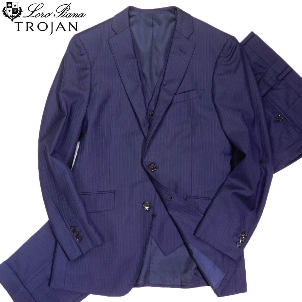 大丸松坂屋取り扱い トロージャン ロロピアーナ TROJAN Loro piana super130' 最高級◆ピンストライプ 3ピース スーツ S M 拍卖